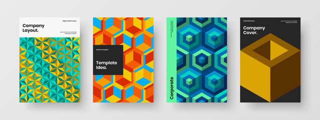 Naklejka premium Creative magazine cover vector design illustration set. Colorful mosaic shapes booklet concept collection.