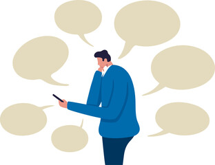 Communication problem or overload. Businessman holding a mobile phone full of online speech bubble. Illustration