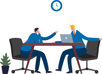 Sharing business ideas. Business meeting of two male office workers. Illustration