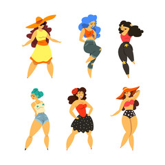 Plus Size Woman Model Posing and Smiling Vector Set