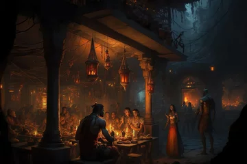 Fotobehang Generative AI : a crowded tavern in ancient India © Amith