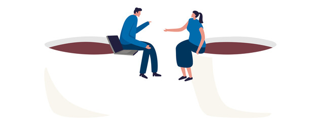 Coffee break business discussion. Businessman and female colleague having coffee break. Illustration