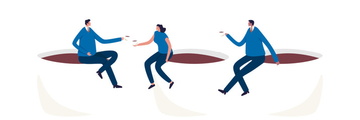 Coffee break. Brainstorm after the meeting. Businessman and female colleague having coffee break. Illustration