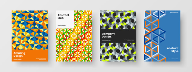 Fototapeta na wymiar Vivid corporate brochure A4 vector design layout collection. Multicolored geometric hexagons magazine cover template set.