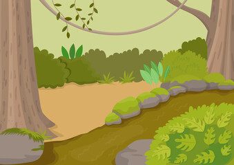 Jungle landscape with river, trees and lianas. Vector colorful cartoon background.