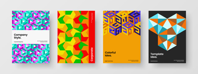 Bright mosaic hexagons placard template set. Minimalistic magazine cover A4 design vector concept composition.