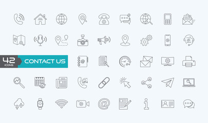 Fototapeta na wymiar Contact us thin lines Flat Icon Solid style, isolated Basic Communication icon set, easy to change colour and size, Contact information Icon in Vector Format , all are 42 icons
