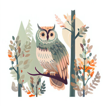 Colored owl in the forest, flat illustration, Generative AI
