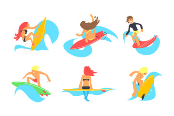 Male and Female Surfer Riding Moving Wave of Water Standing on Surfboard Vector Set