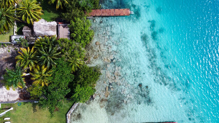 Aerial View Laguna Bacalar - the lake of seven colors. Laguna Bonanza The fresh water lake feed by cenotes. Near cancun, playa del carmen and tulum in mexico. Turquoise and blue water.Mangroves shores
