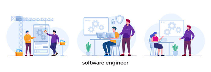 software engineer, development, software programming, engineer, developer, flat illustration vector template