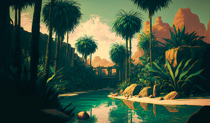 Abstract art. Colorful painting art of an oasis in the desert. Background illustration. Generative AI.