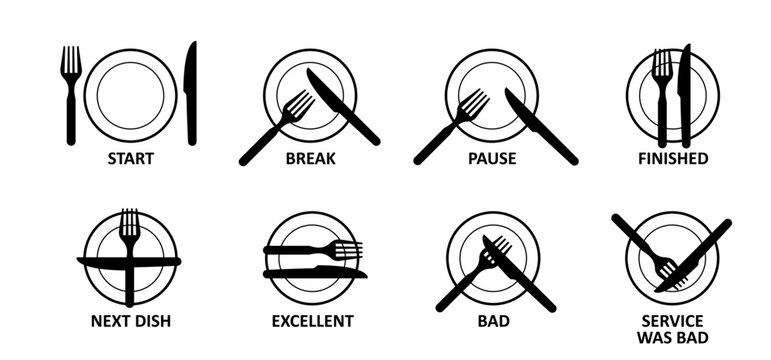 The language of cutlery, eating rules. Dining etiquette at the table. Cutlery etiquette. Plate, fork, knife, spoon icon. Basic Restaurant Etiquette. Ready to eat. Cartoon table manners.
