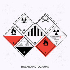 Set of hazards pictograms on vector grunge background.  Globally Harmonized System - Original pictogram. Corrosive substances, radioactive materials, infectious substances. EPS10.