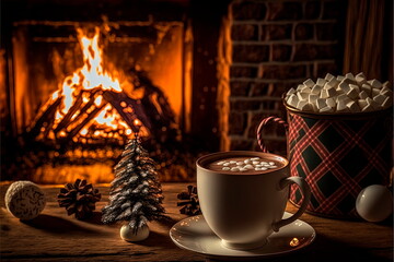 New Year's coffee with marshmallows. Christmas holidays. Still-life. Winter holidays concept, Magical atmosphere in the house.