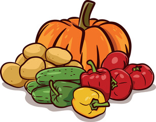 Illustration of fresh vegetables in a pile. Isolated on white background. Illustration on the theme of the harvest