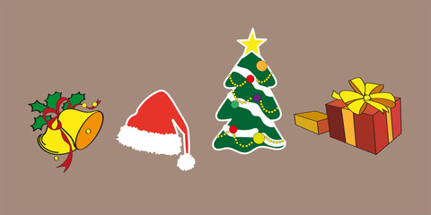 New Year's set, clip art, bells, Santa Claus hat, Christmas tree, New Year's gifts.