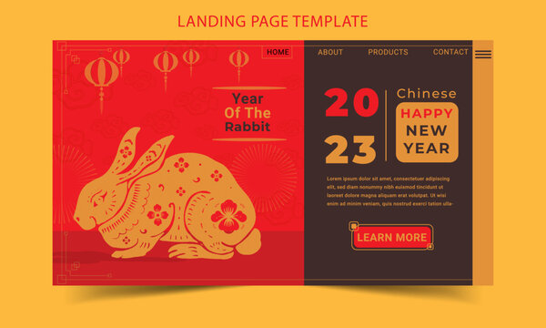 Chinese happy new year, Chinese new year 2023 with rabbit of the year flat landing page template