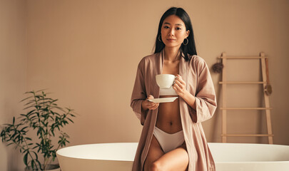 Beautiful asian woman drinking coffee in bathroom after spa body care treatment procedures - obrazy, fototapety, plakaty