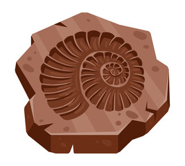 Cartoon archeology ammonite fossil, ancient seashell. Palaeontology ocean fauna print, archeology excavation ammonite artefact flat vector illustration on white background