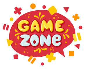 Cartoon children playroom label. Colorful child playroom, game zone party sticker flat vector illustration on white background