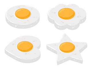 Cartoon fried eggs. Cooked tasty breakfast with liquid yellow yolk, fried eggs with various shapes flat vector illustration on white background