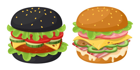 Cartoon hamburgers. Classic and black burgers, American cheeseburger and bacon burger with vegetables, cheese, beef, bacon and sauce, tasty fast food flat vector illustration set