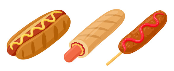 Cartoon hot dogs. Delicious hot dog and corn dog with cheese and sauce, tasty fast food dish flat vector illustration on white background