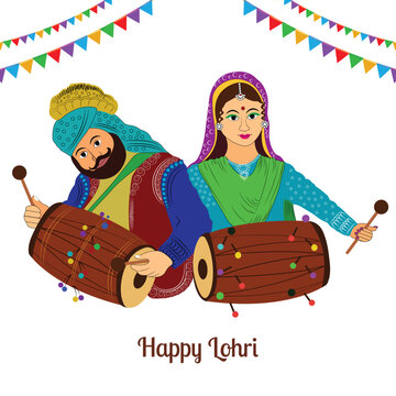 Happy lohri with young couple doing bhangra dance and dhol instrument on background