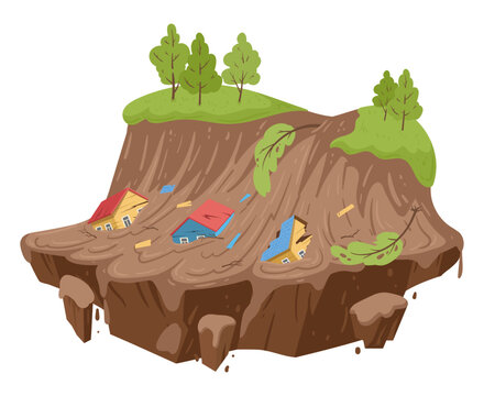 Cartoon mudflow, natural disaster. Landslide, mud stream with stones, washed away houses, mudflows extreme cataclysm disaster flat vector illustration on white background