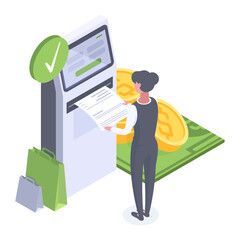 Isometric cash terminal and mobile purchase. Woman using ATM, internet banking payment flat vector illustration on white background