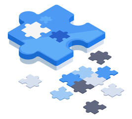 Isometric puzzle game. Jigsaw puzzle pieces, teamwork or problem solution 3d concept flat vector illustration on white background