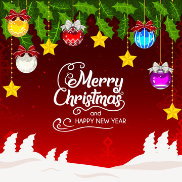 merry christmas and happy new year banner background red hanging christmas ball winter night vector template 02