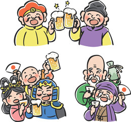 ビールなどのお酒で宴会をする七福神のイラスト　3カット