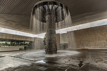 Outside view of Anthropological Museum in Mexico City, Mexico. Fountain at the entrance of Museum