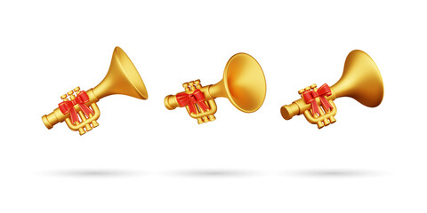 Set of Christmas Trumpet 3d icon. Classical Trumpet Bullhorn 3d Illustration. Isolated on White Background