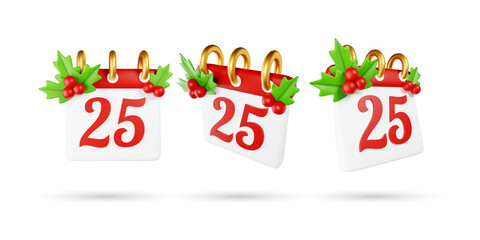 Set of 3d Christmas Calendar 25th december Icon. Isolated on White Background