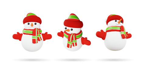 Set of 3d Christmas Snowman 3d icon. Snowman wearing Santa Hat, Scarf and Gloves 3d Illustration. Isolated on White Background