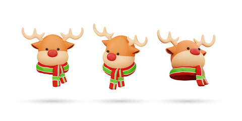 Set of Christmas Santa Reindeer Character 3d icon. Isolated on White Background