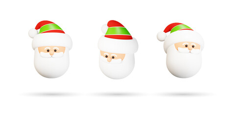 Set of Santa Face Character 3d icon. Santa Claus Head Illustration. Isolated on White Background