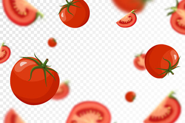 Tomato background. Falling fresh ripe tomatoes from different angles. isolated on transparent background. Flying defocusing red tomato. Applicable for ketchup, juice advertising. Vector flat.
