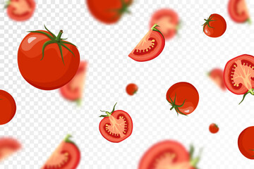 Tomato background. Falling fresh ripe tomatoes from different angles. isolated on transparent background. Flying defocusing red tomato. Applicable for ketchup, juice advertising. Vector flat.