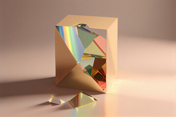 An irregularly shaped broken prism, crystal through which light passes and leaves iridescent traces on the surface. Minimalistic background.	
