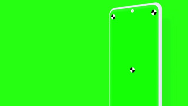 Smartphone with green screen and marks for tracking. Phone display with black key. Computer-generated image. Easy customizable. Mockup phone on a green background.