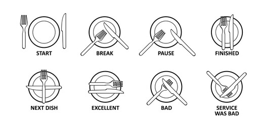 The language of cutlery, eating rules. Dining etiquette at the table. Cutlery etiquette. Plate, fork, knife, spoon icon. Basic Restaurant Etiquette. Ready to eat. Cartoon table manners. - obrazy, fototapety, plakaty
