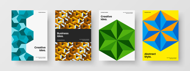 Multicolored geometric hexagons front page concept bundle. Modern cover A4 design vector layout composition.