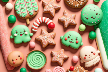 Fototapeta na wymiar Cute Gingerbread Cookies, Christmas Holiday Decorated, Icing, Candy, Holiday, Gumdrops, Lollipops, Peppermint, Sprinkles, Candy, Candycane, Isolated, Pink Background, Generative AI