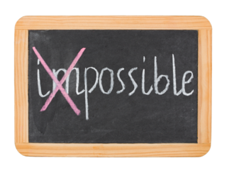 Impossible becoming Possible concept. Erasing part of the word to make another. Word hand written on chalk board, PNG isolated on transparent background