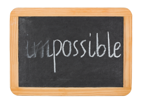 Impossible becoming Possible concept. Erasing part of the word to make another. Word hand written on chalk board, PNG isolated on transparent background