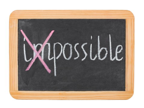 Impossible becoming Possible concept. Erasing part of the word to make another. Word hand written on chalk board, PNG isolated on transparent background